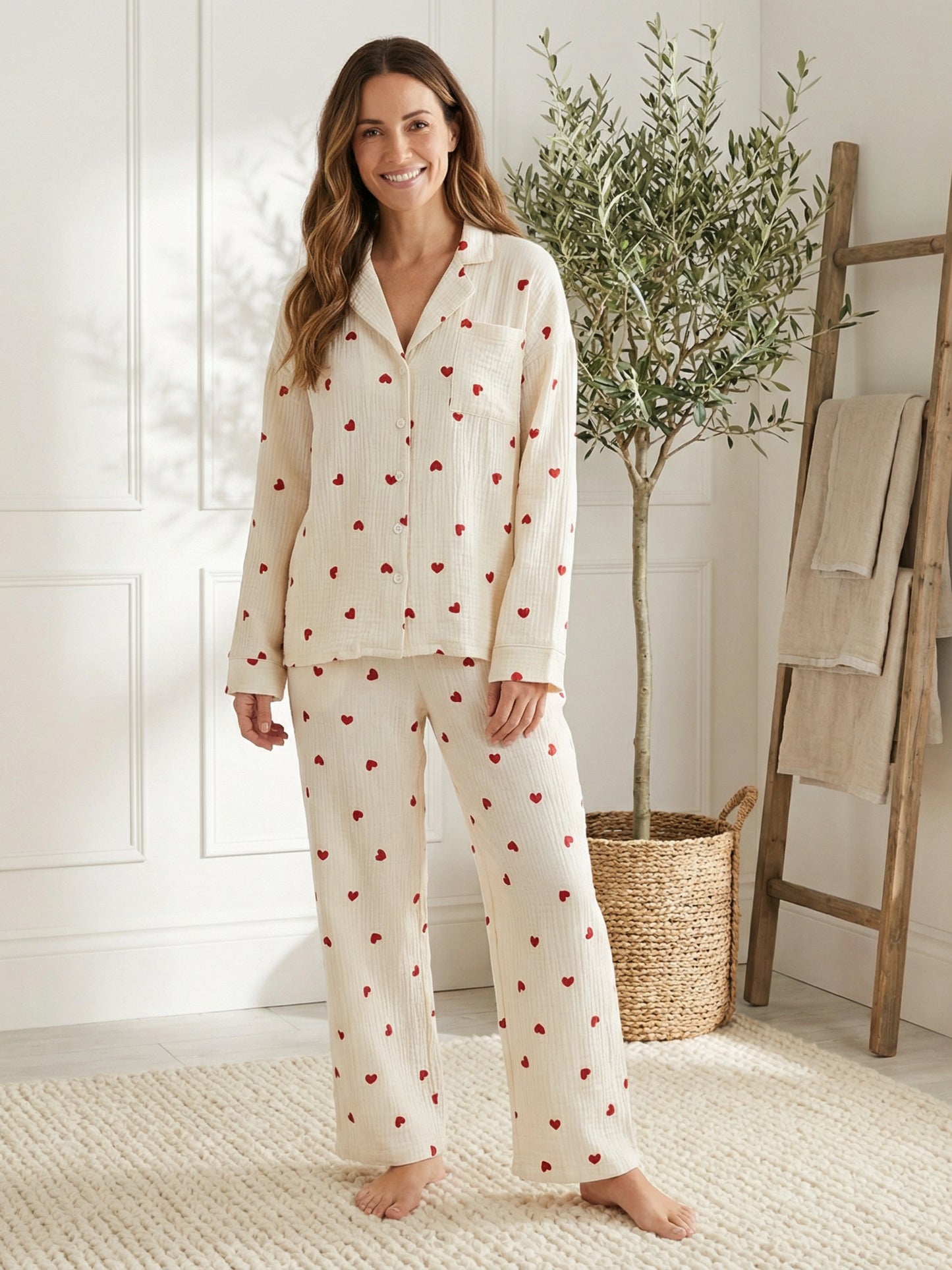 Soft, Breathable Cotton Pyjamas with Subtle Red Hearts