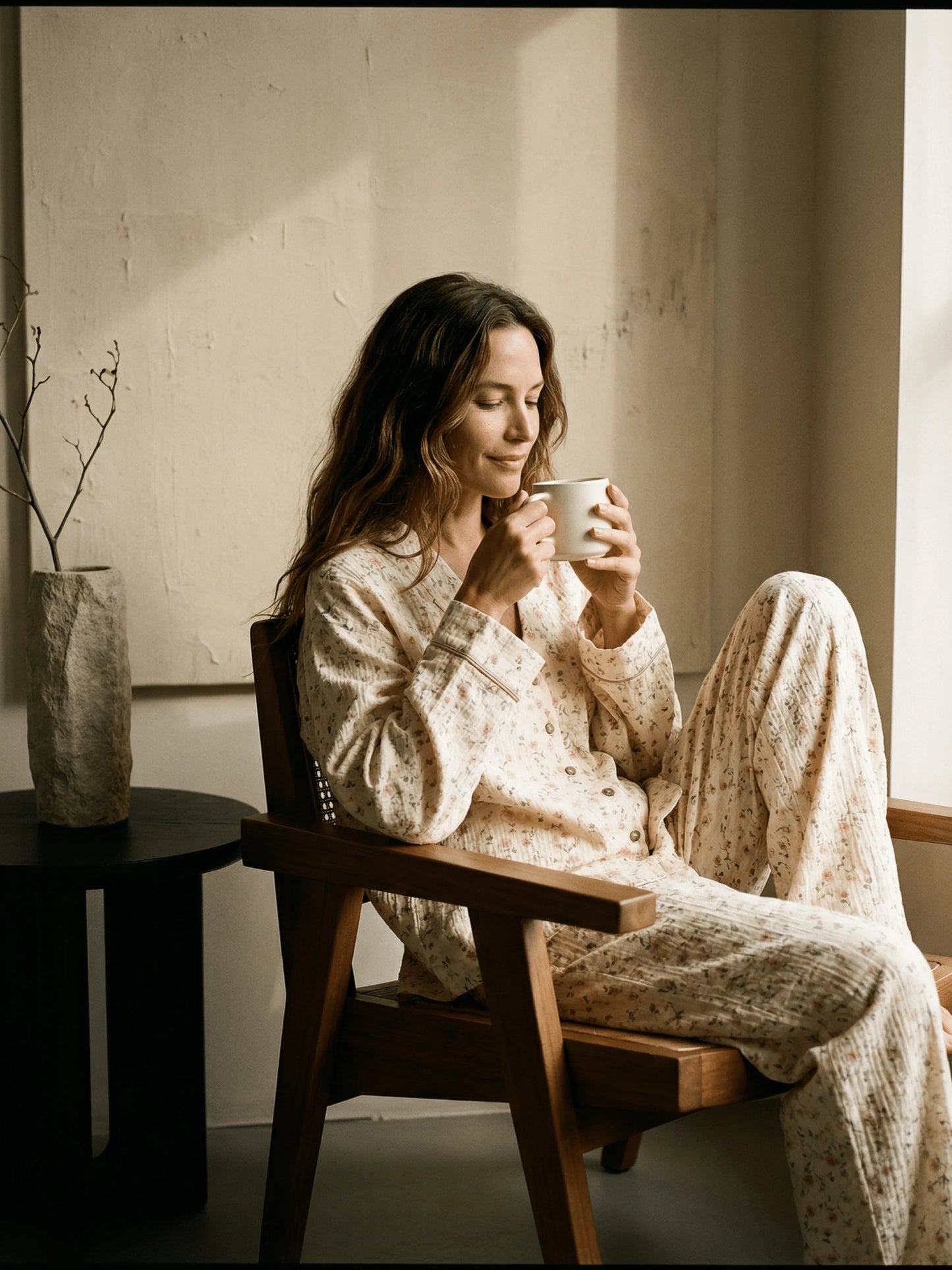 Women’s long pyjama set in floral textured cotton | Ecru