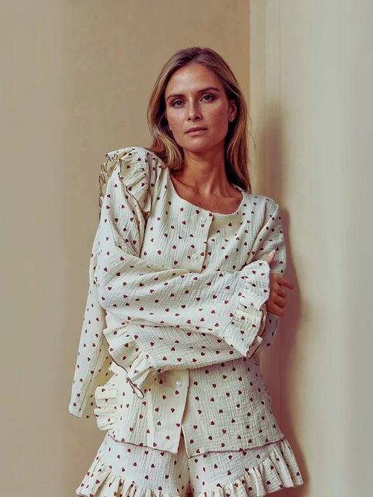 Short Cotton Pyjama Set | Ecru with Mini Hearts