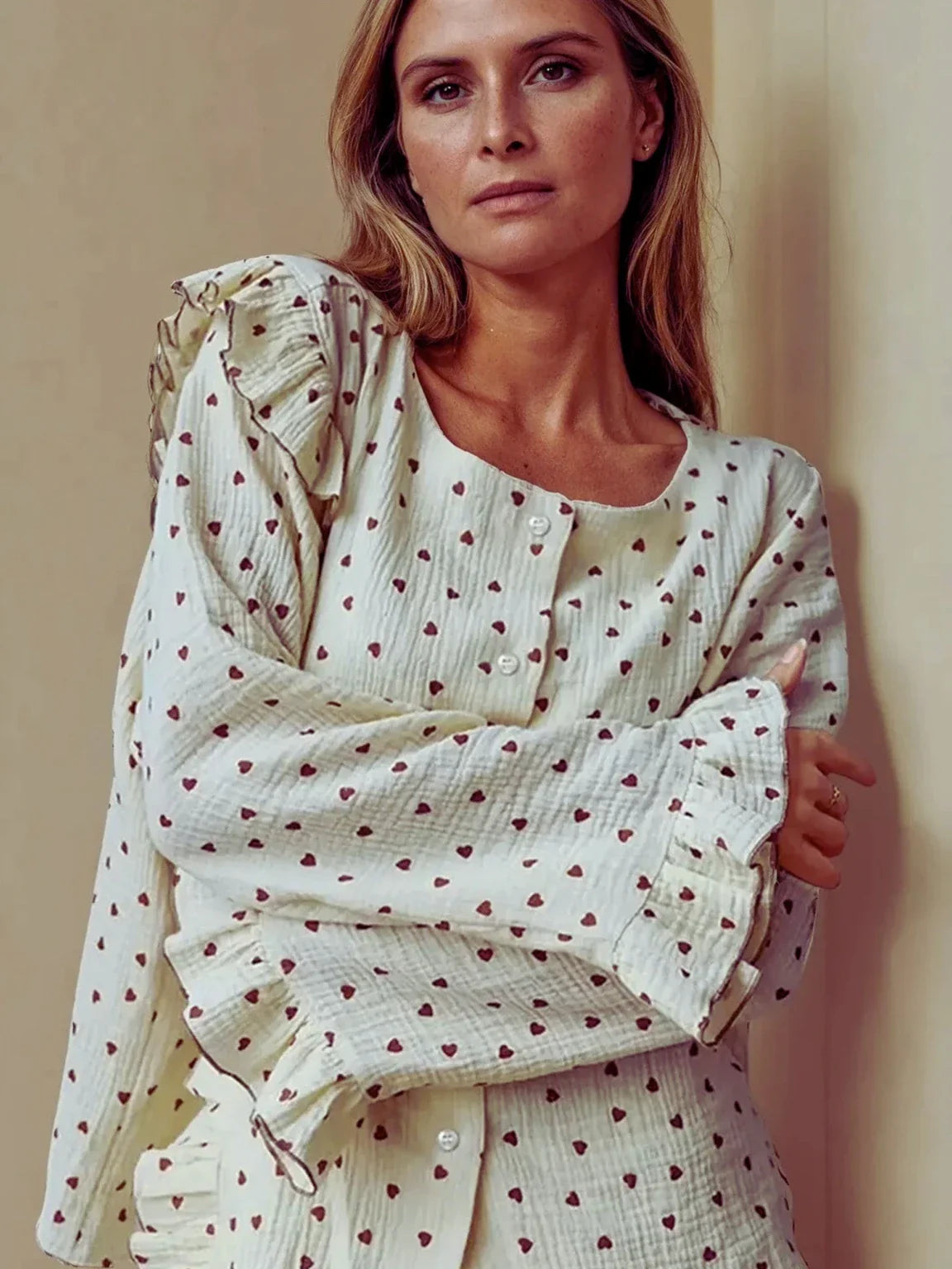 Short Cotton Pyjama Set | Ecru with Mini Hearts