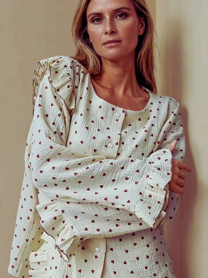 Short Cotton Pyjama Set | Ecru with Mini Hearts